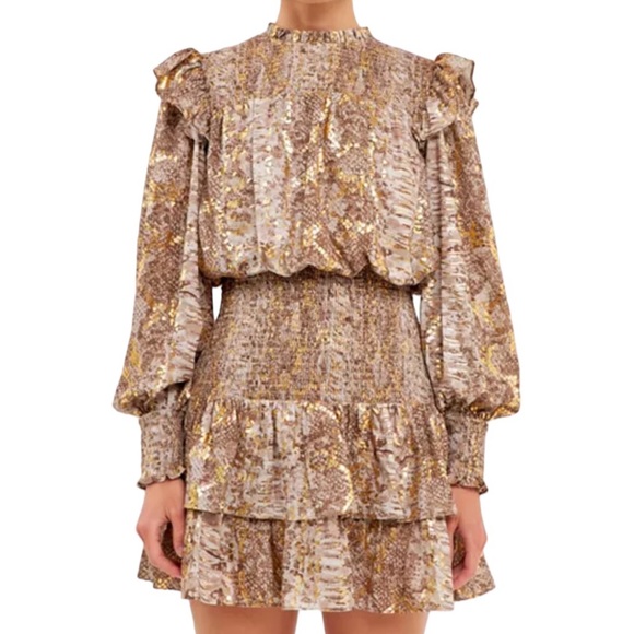 Endless Rose Metallic Animal Print Mini Dress Sz S Gold Ruffles Tier Long Sleeve - Picture 2 of 15